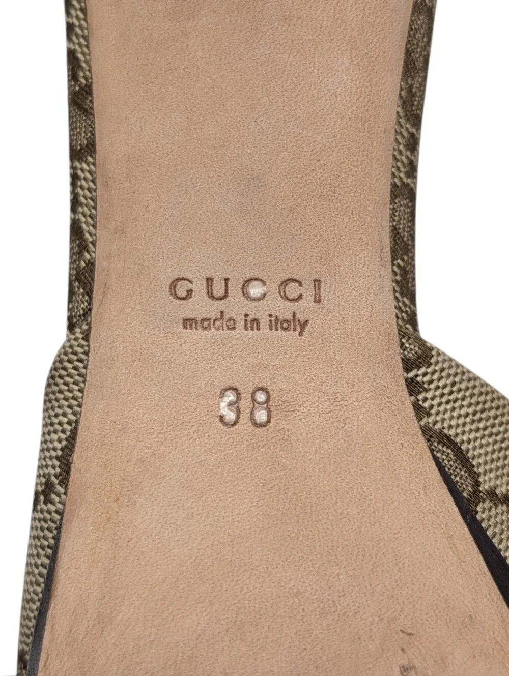 Gucci Erin Monogram Horsebit Peep Toe Dress Up Mule Sandal Size EU 38